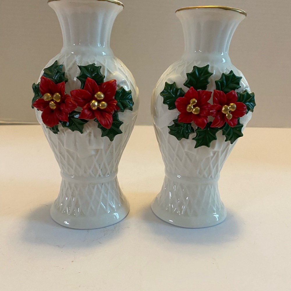 VTG 90s HERMITAGE Pottery Christmas  Tapered Candle Holders Poinsettia